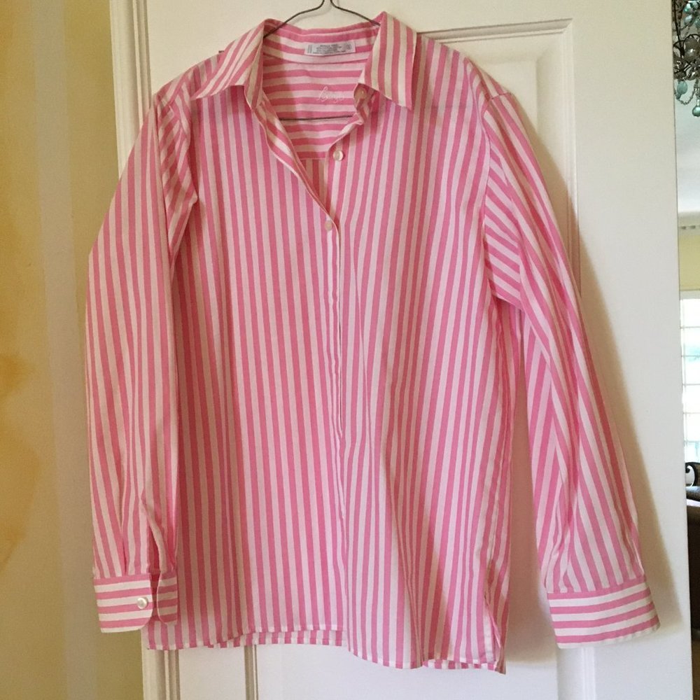 Foxcroft Pink-Striped long-sleeved blouse